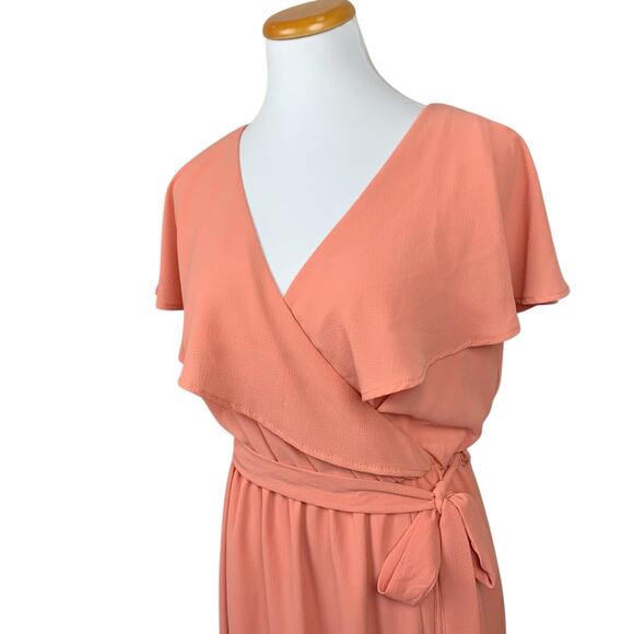 Vici Maxi Dress Peach Coral Flutter‎ Cape Sleeve Tie Waist Front Slit Women's L - Picture 3 of 9